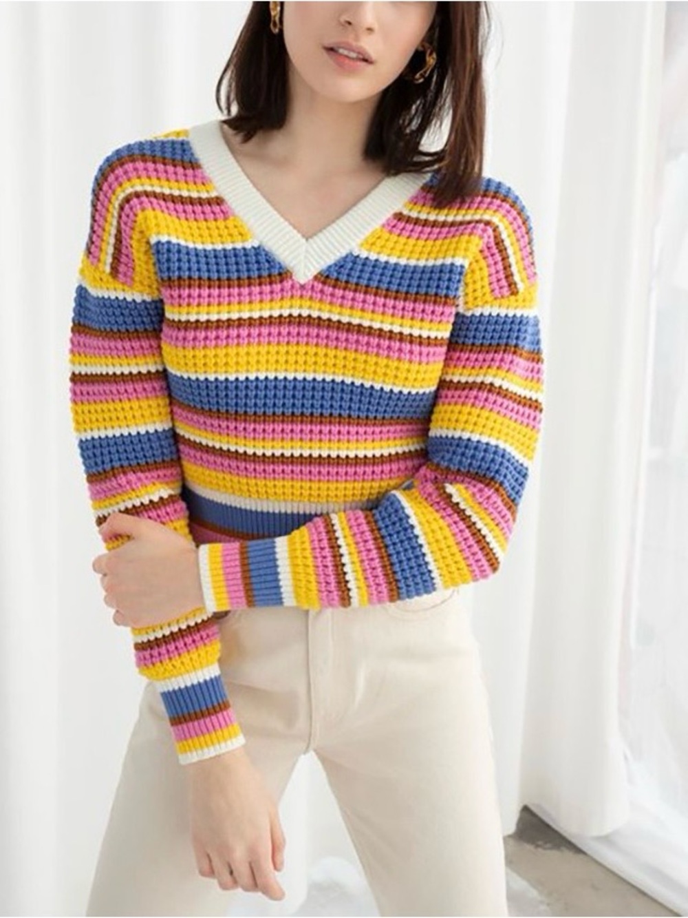 & Other Stories 75% Cotton Rainbow Stripe V Neck Chunky Knit Sweater MulticolorL